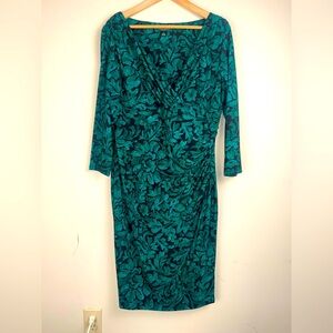 Lauren Ralph Lauren Green Floral Stretchy Dress Faux Wrap V-Neck Size 16 Career